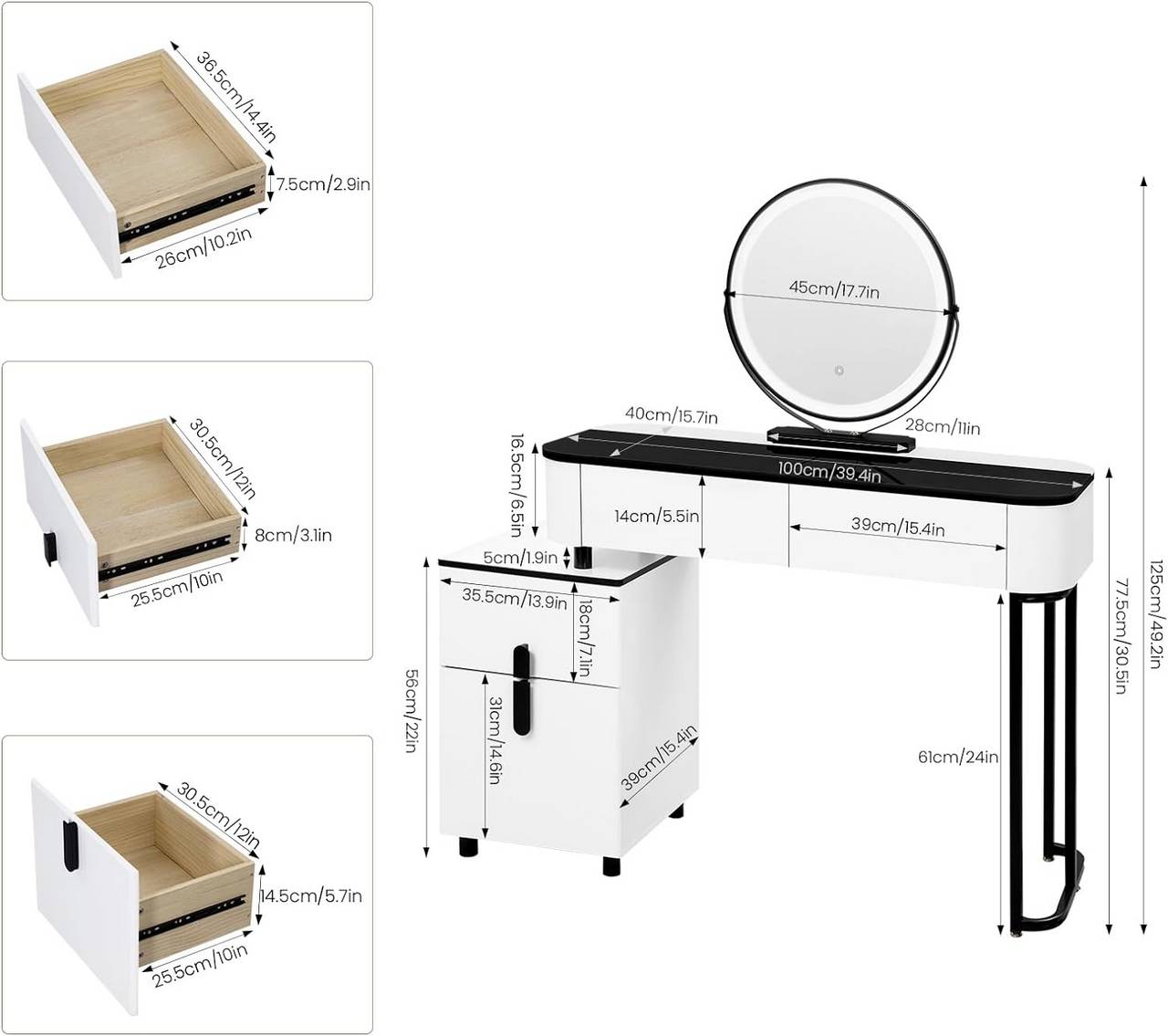 Schminktisch mit LED, Glasplatte, Schubladen, Seitenschrank, Weiss Schwarz