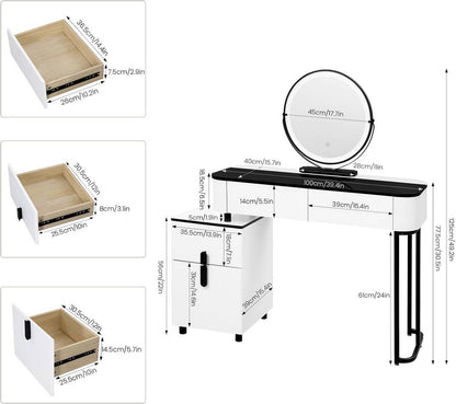 Schminktisch mit LED, Glasplatte, Schubladen, Seitenschrank, Weiss Schwarz