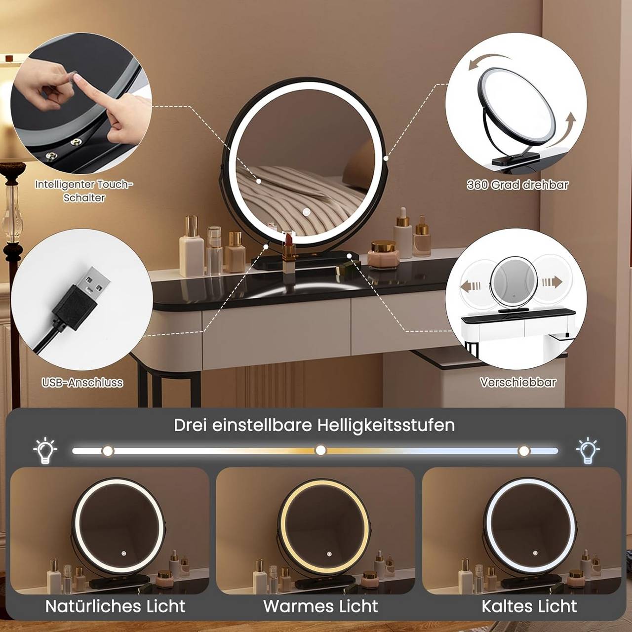 Schminktisch mit LED, Glasplatte, Schubladen, Seitenschrank, Weiss Schwarz