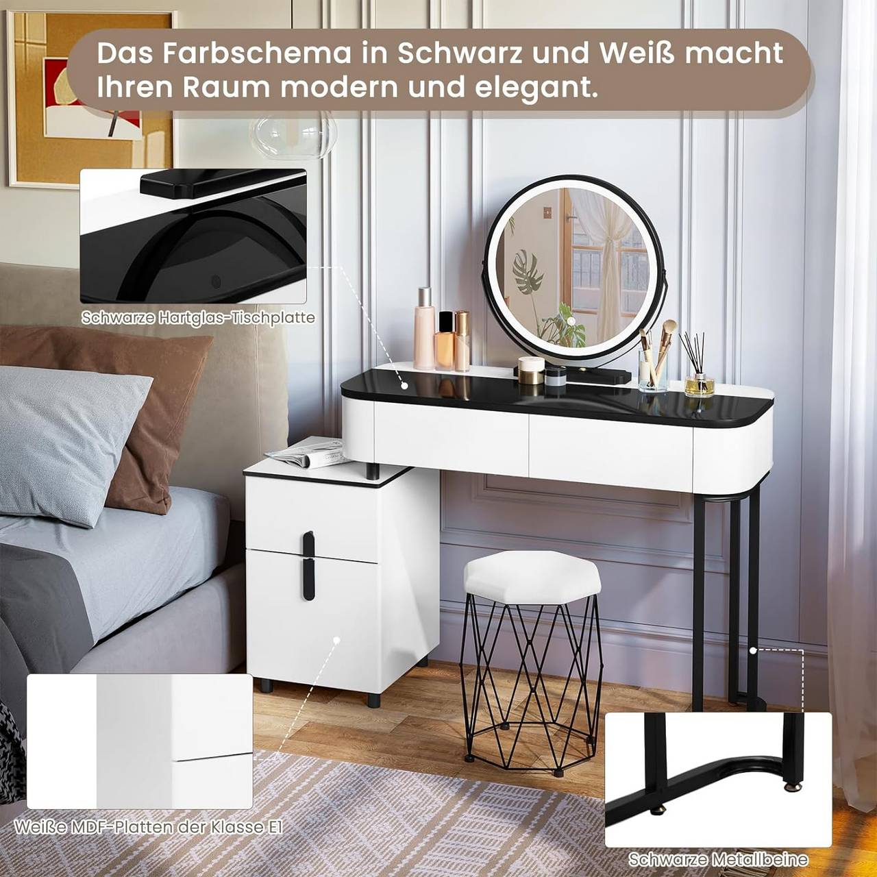 Schminktisch mit LED, Glasplatte, Schubladen, Seitenschrank, Weiss Schwarz