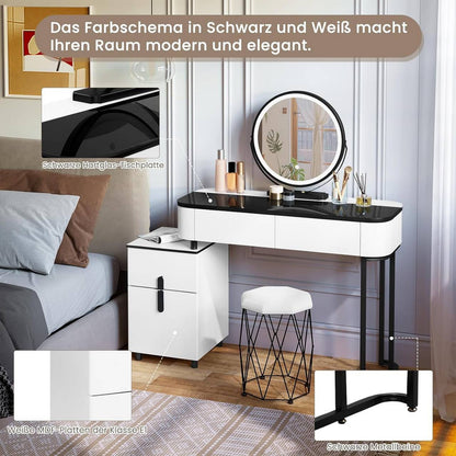 Schminktisch mit LED, Glasplatte, Schubladen, Seitenschrank, Weiss Schwarz