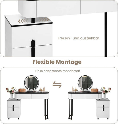 Schminktisch mit LED, Glasplatte, Schubladen, Seitenschrank, Weiss Schwarz