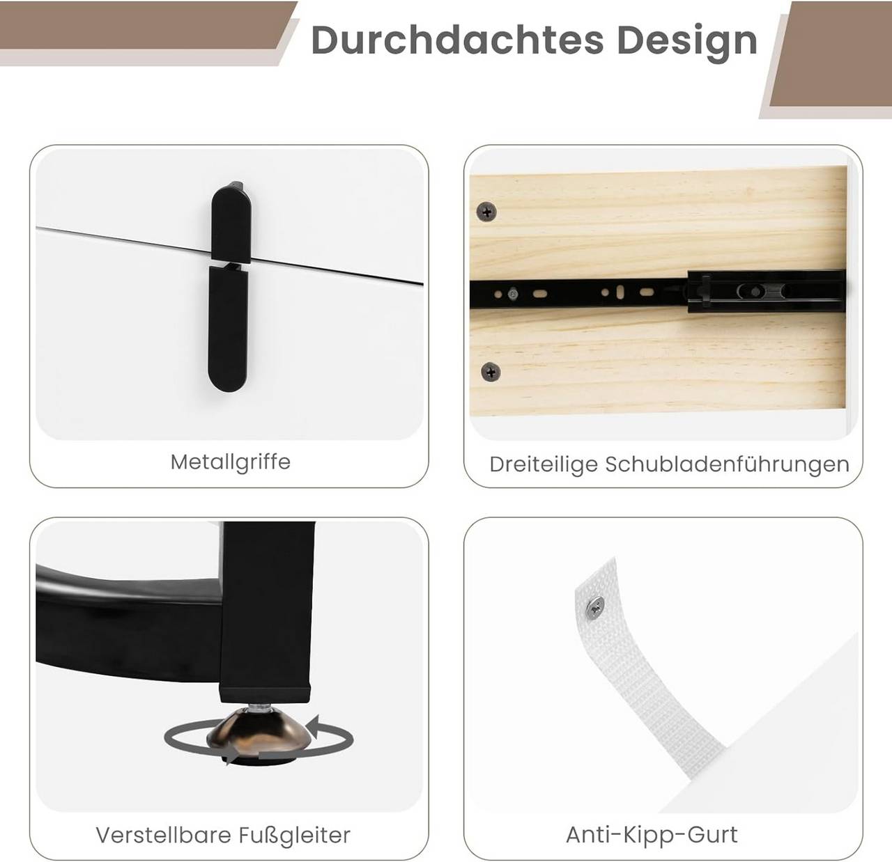 Schminktisch mit LED, Glasplatte, Schubladen, Seitenschrank, Weiss Schwarz