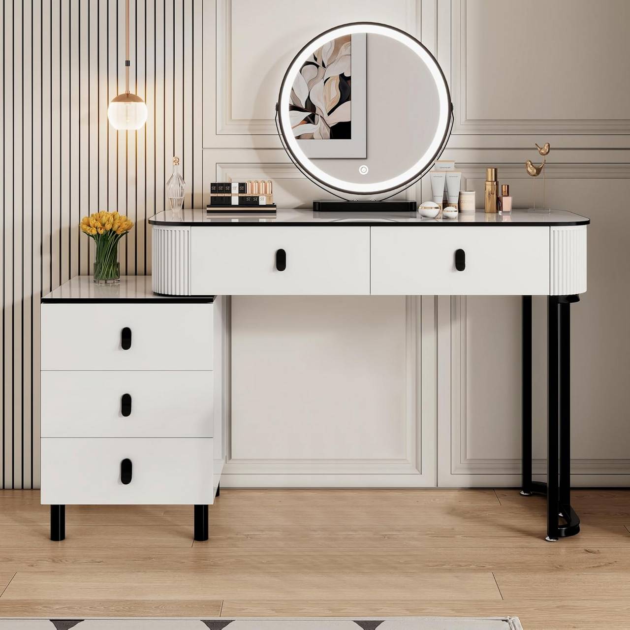 Schminktisch mit LED, Spiegel, 2 Schubladen, Seitenschrank Weiss Schwarz