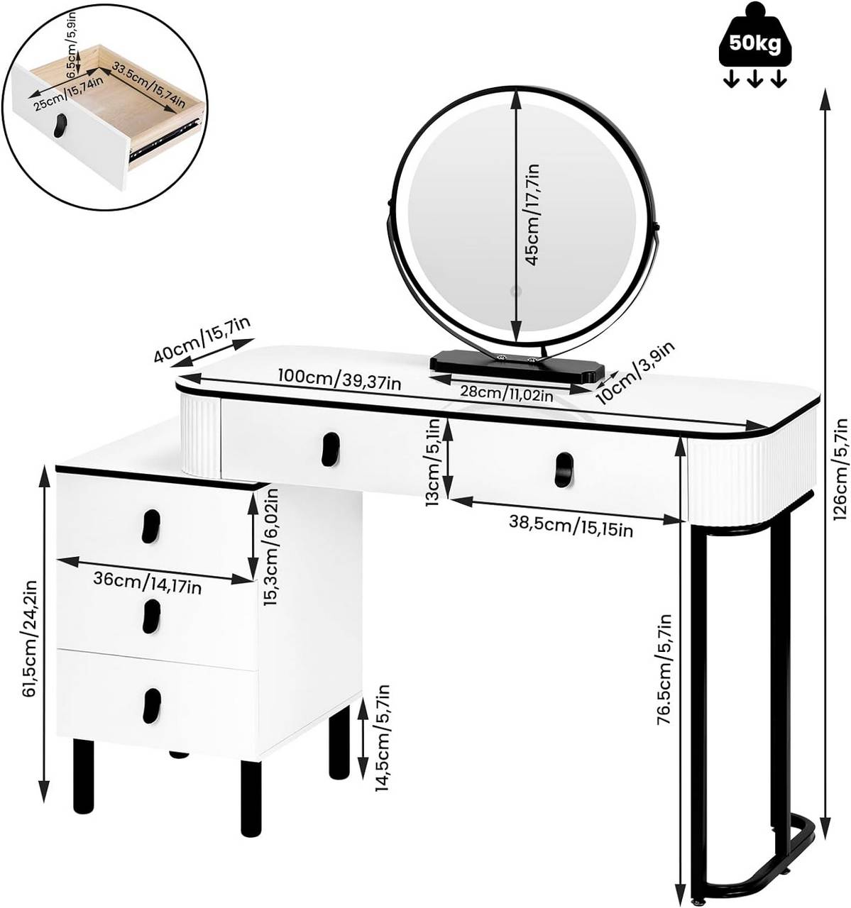 Schminktisch mit LED, Spiegel, 2 Schubladen, Seitenschrank Weiss Schwarz