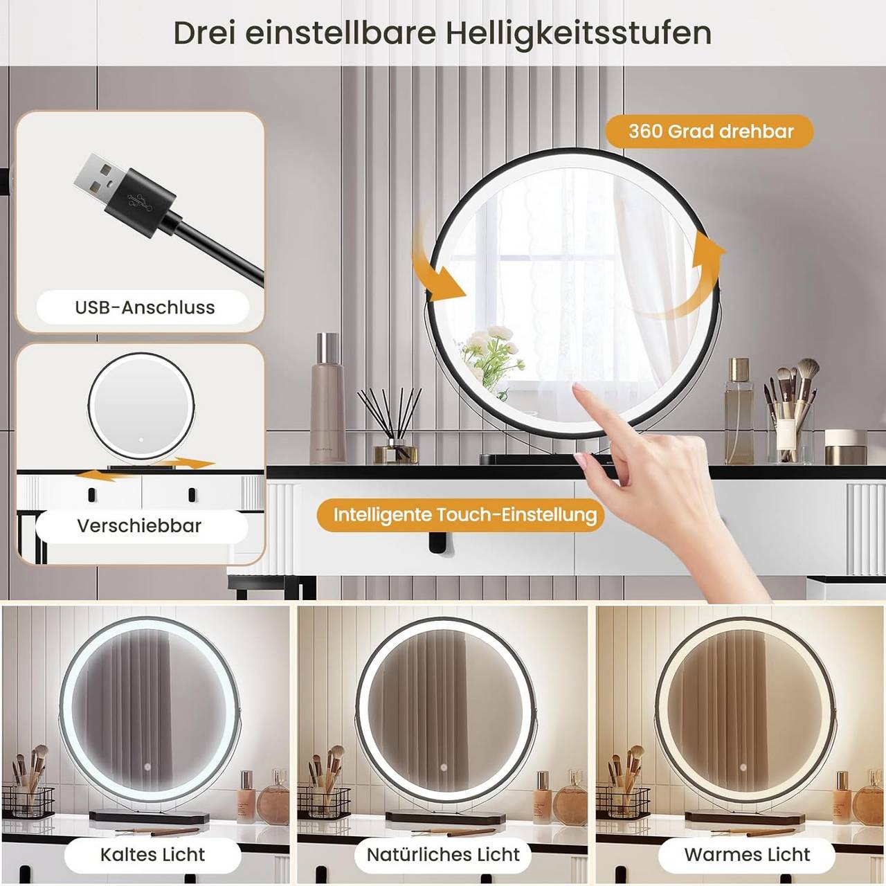Schminktisch mit LED, Spiegel, 2 Schubladen, Seitenschrank Weiss Schwarz