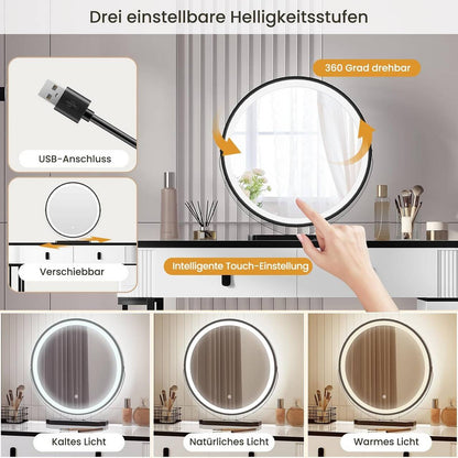 Schminktisch mit LED, Spiegel, 2 Schubladen, Seitenschrank Weiss Schwarz