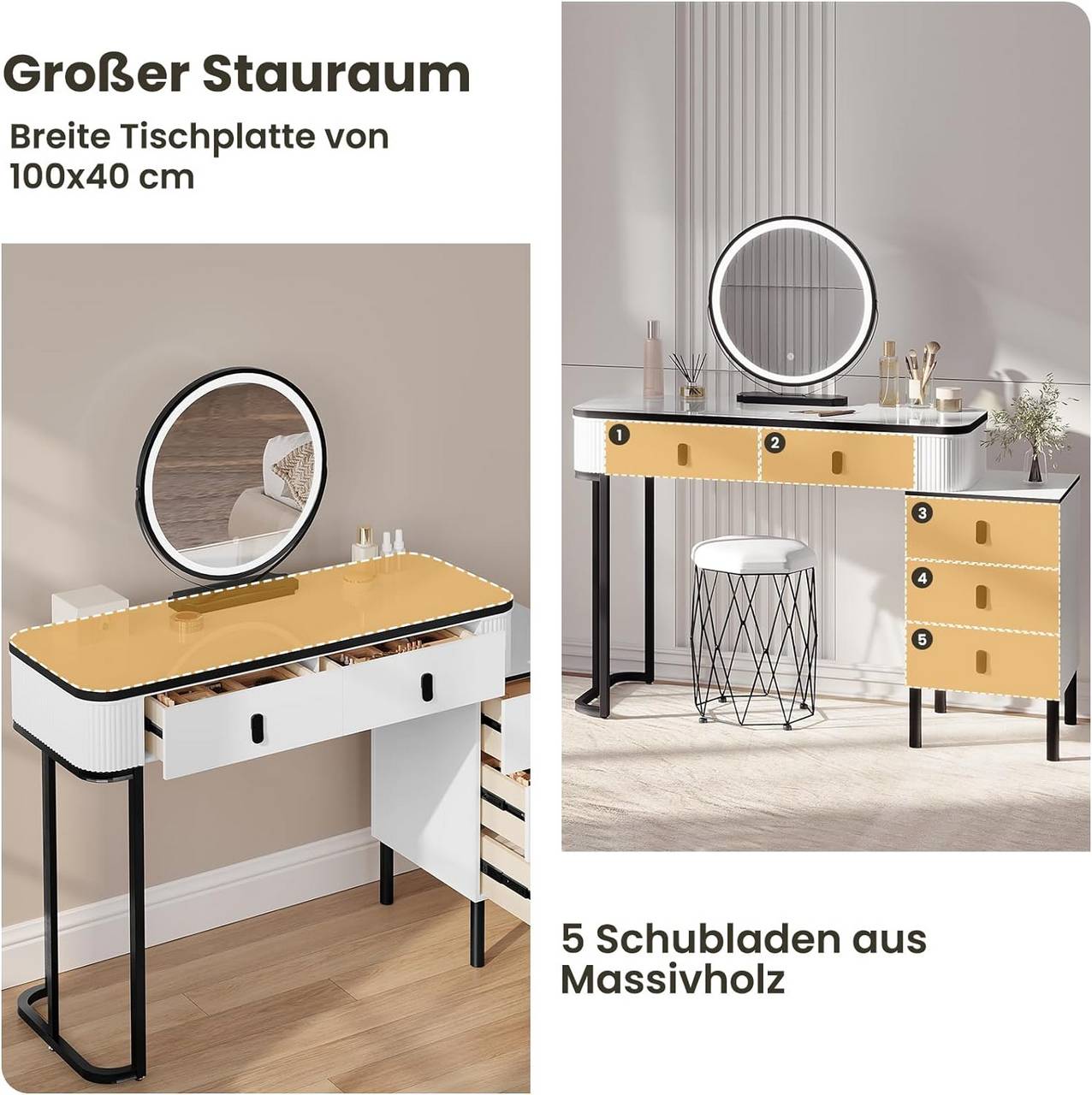 Schminktisch mit LED, Spiegel, 2 Schubladen, Seitenschrank Weiss Schwarz