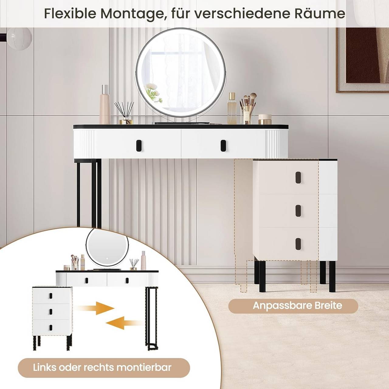 Schminktisch mit LED, Spiegel, 2 Schubladen, Seitenschrank Weiss Schwarz