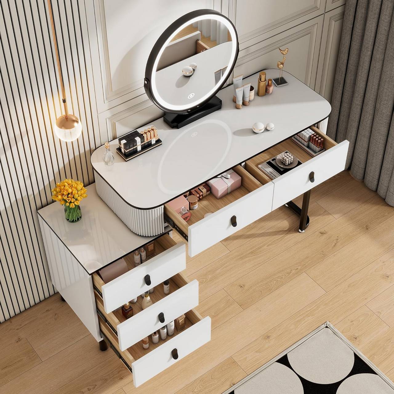 Schminktisch mit LED, Spiegel, 2 Schubladen, Seitenschrank Weiss Schwarz