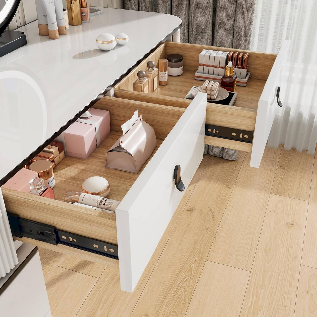 Schminktisch mit LED, Spiegel, 2 Schubladen, Seitenschrank Weiss Schwarz