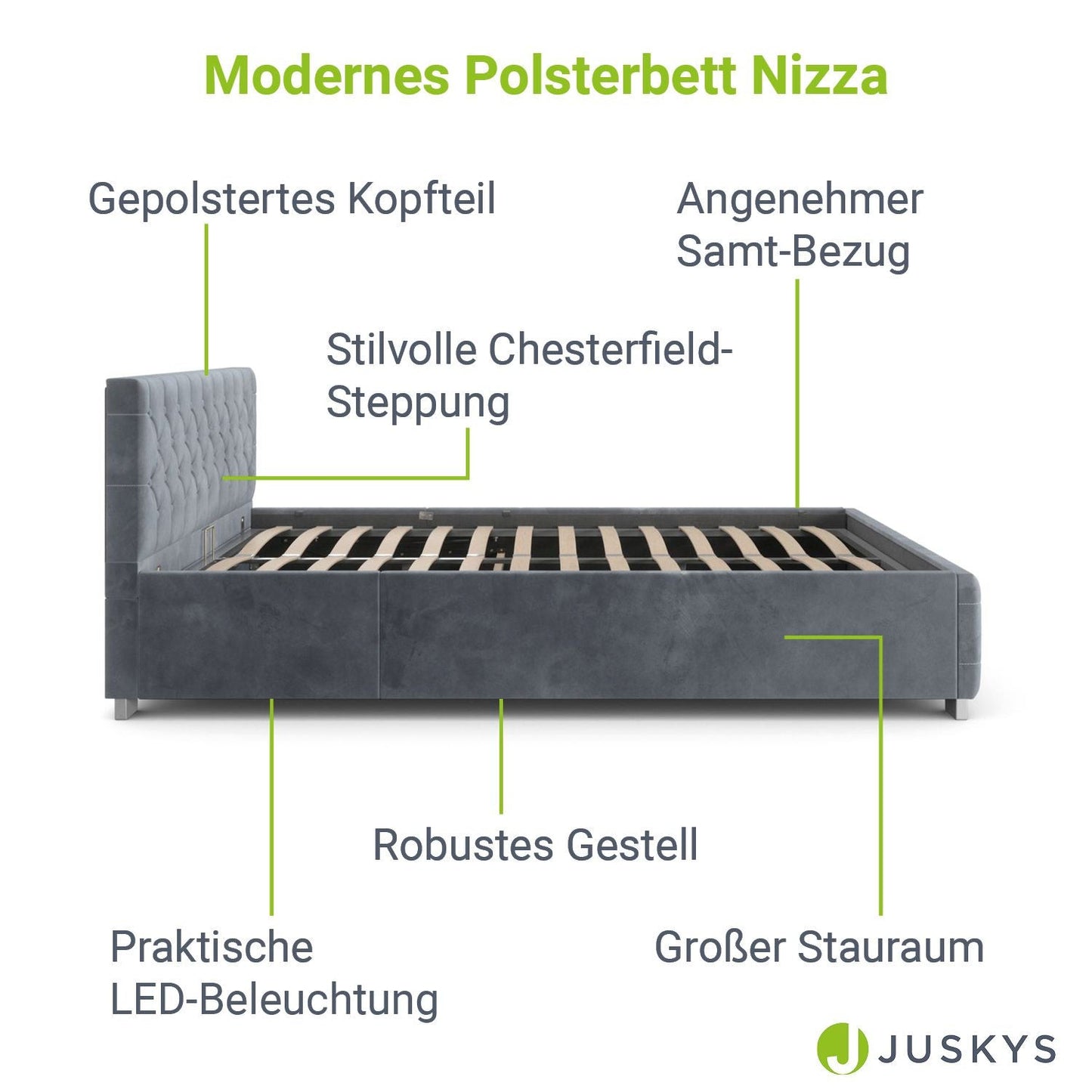LED Polsterbett 120x200 cm Bettkasten Grau