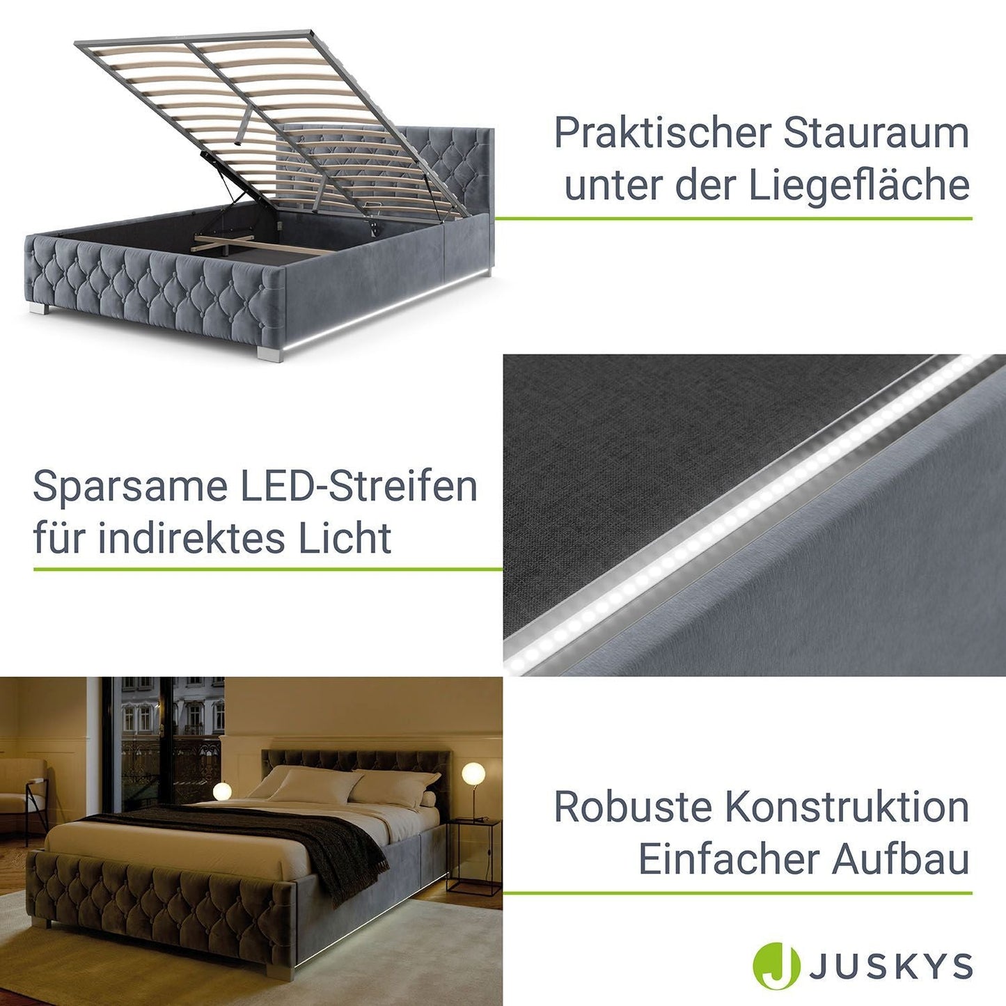 LED Polsterbett 120x200 cm Bettkasten Grau