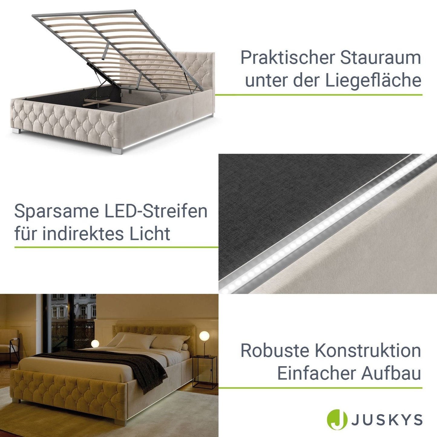 LED Polsterbett 180x200 cm Bettkasten Beige