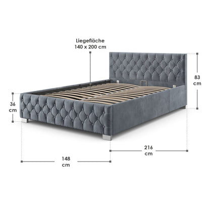 LED Polsterbett 140x200 cm Bettkasten Grau