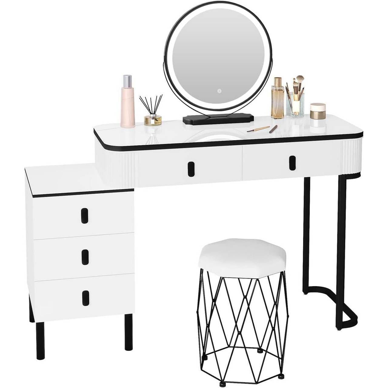 Schminktisch, Hocker aus Samt, Spiegel mit LED, Seitenschrank Weiss
