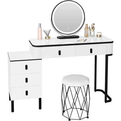 Schminktisch, Hocker aus Samt, Spiegel mit LED, Seitenschrank Weiss