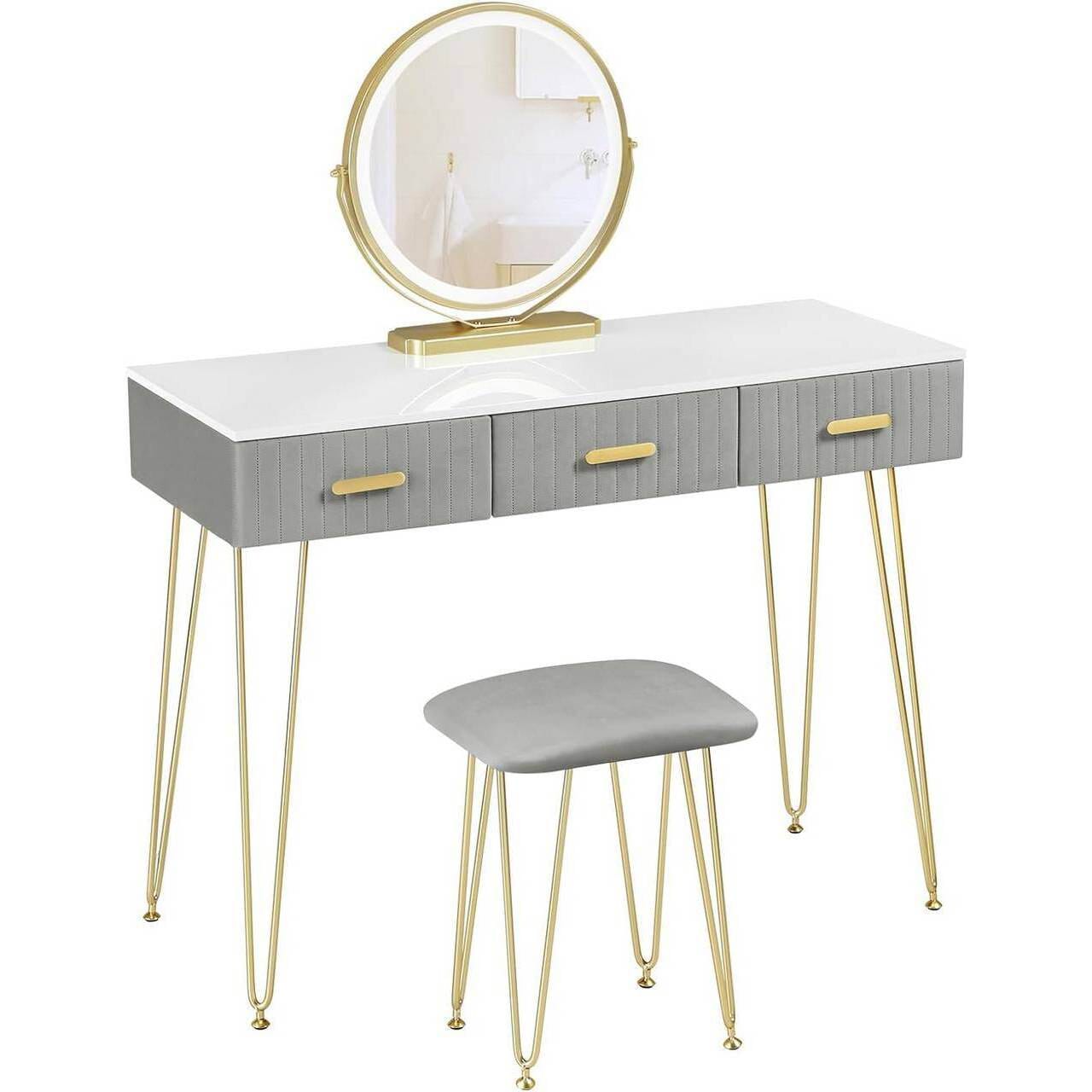 Schminktisch mit LED Samthocker, 3 Schubladen, Weiss Gold Grau
