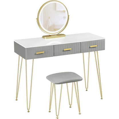 Schminktisch mit LED Samthocker, 3 Schubladen, Weiss Gold Grau