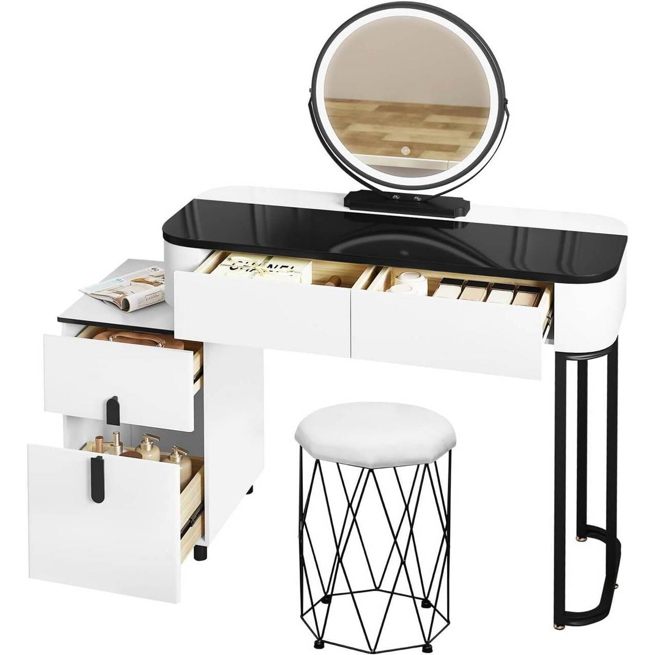 Schminktisch mit LED, Mobiler Spiegel Samthocker Glasplatte, Weiss Schwarz