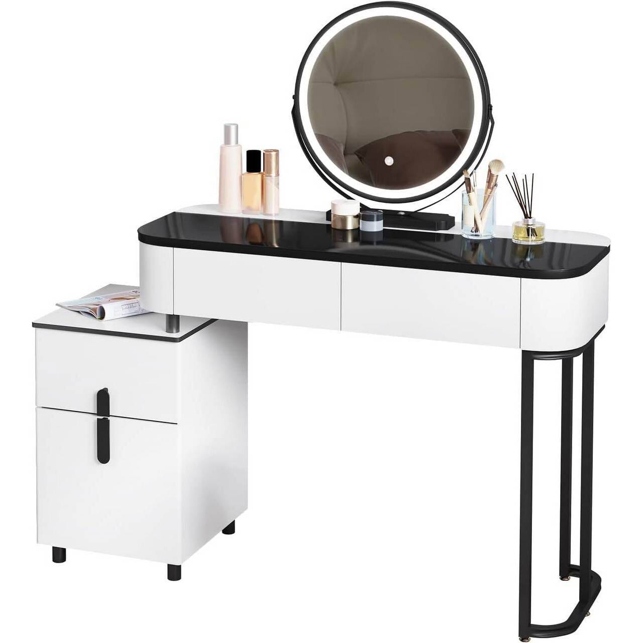 Schminktisch mit LED, Glasplatte, Schubladen, Seitenschrank, Weiss Schwarz