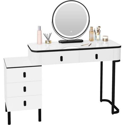 Schminktisch mit LED, Spiegel, 2 Schubladen, Seitenschrank Weiss Schwarz